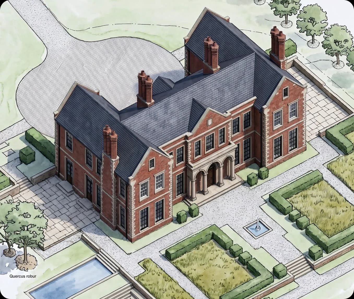 Watercolour bird's-eye view of a red-brick manor with slate roofs and formal gardens