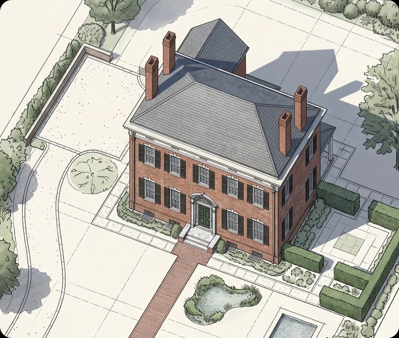 Bird's-eye drawing of a red-brick house with a hipped slate roof, garden and pond