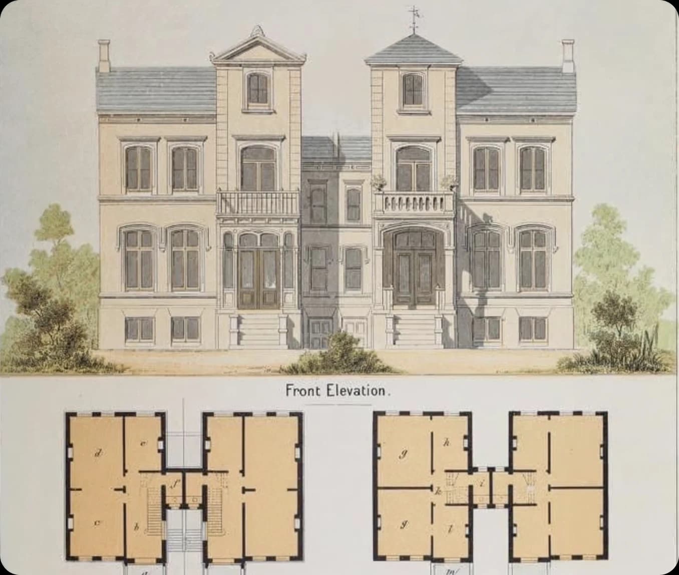 Front elevation of a symmetrical two-wing villa above its floor plans