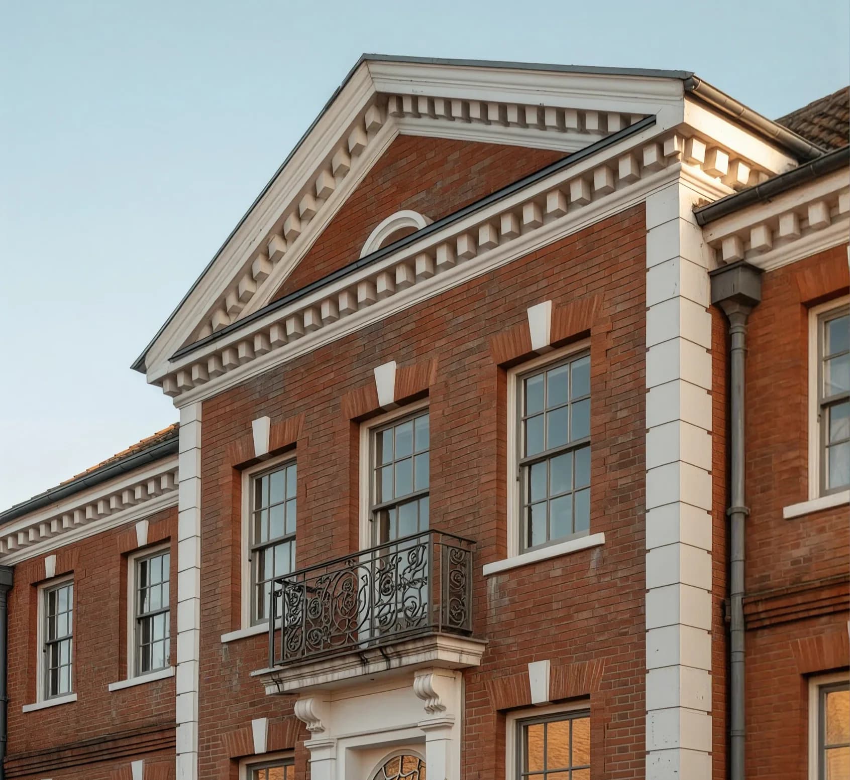Red-brick Georgian house with a white pediment and a wrought-iron balcony