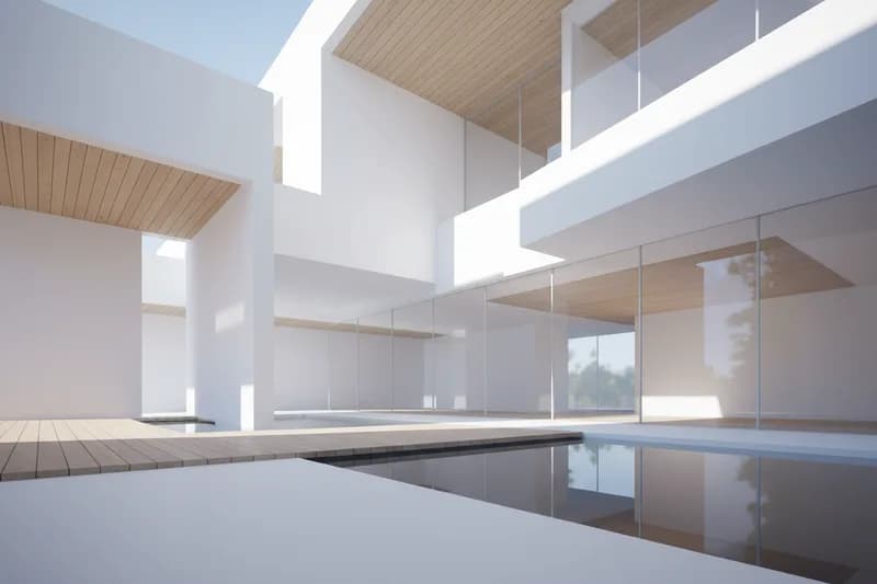 Render of a bright modern interior with a timber ceiling
