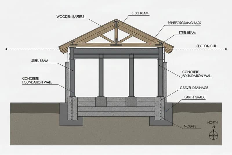 Labelled section through a timber-framed house