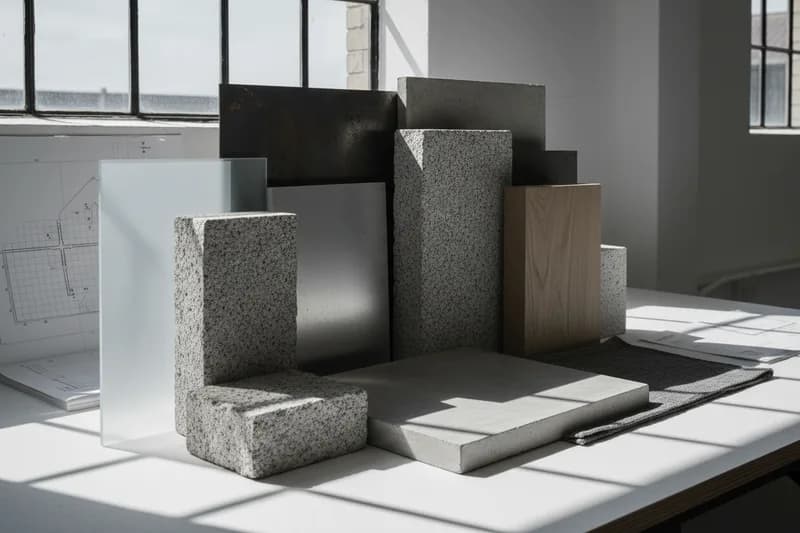 Samples of stone, timber and board materials on a desk