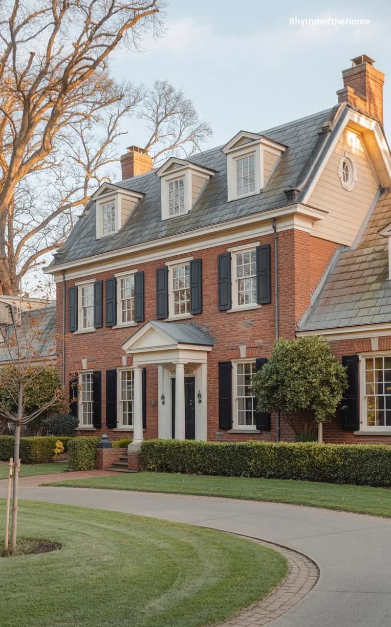 Brick colonial house with dormer windows behind bare autumn trees