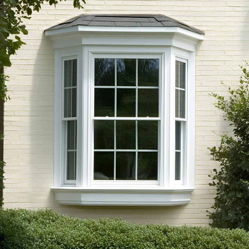 White bay window set in a cream wall above a hedge