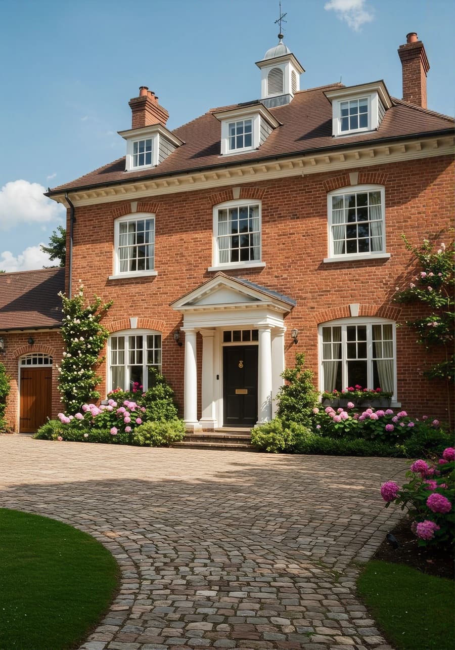 Red-brick house with bay windows and a tiled roof on a bright day