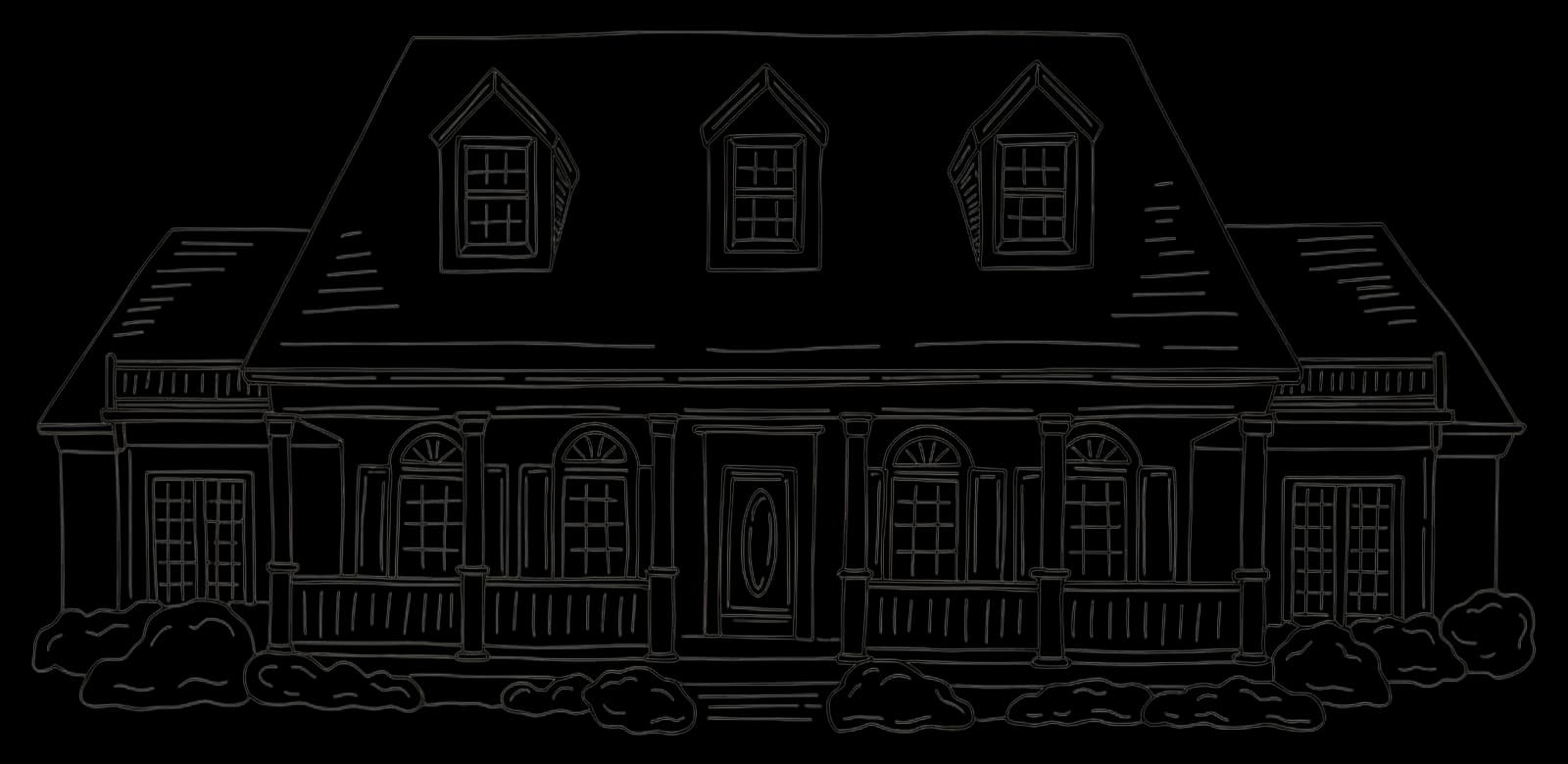 Line drawing of a colonial house with dormer windows and a columned porch