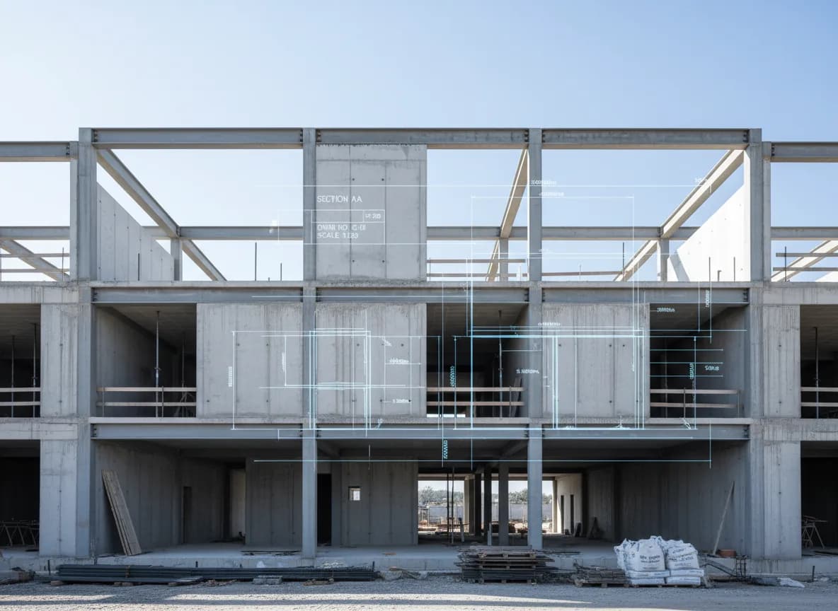Concrete frame of a building under construction against a clear sky
