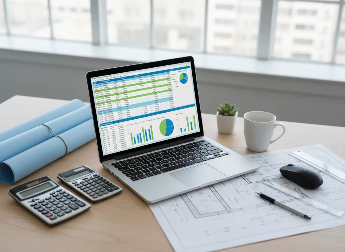 Laptop showing a cost spreadsheet beside calculators and rolled drawings