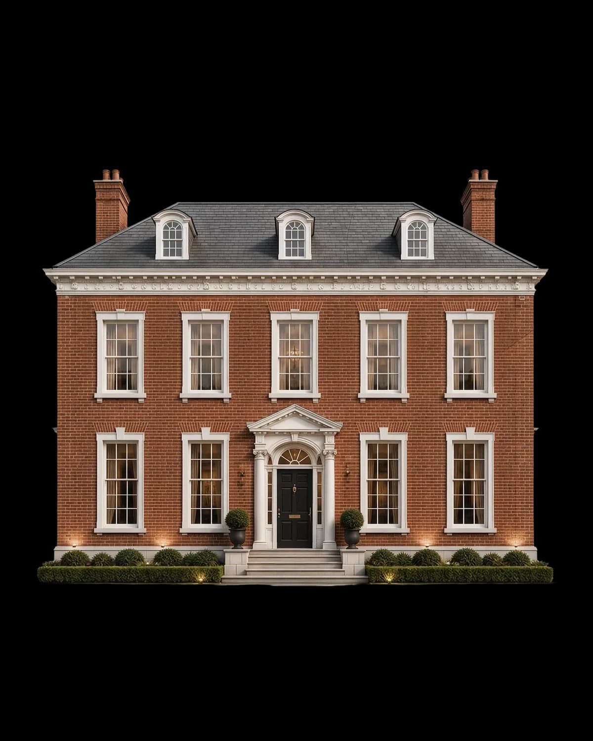 Red-brick Georgian house with sash windows and a pedimented entrance