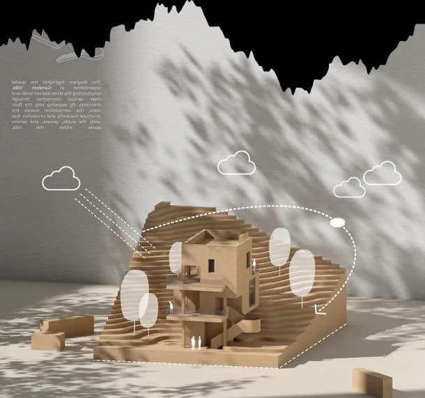 Timber model of a house with sketched clouds around it