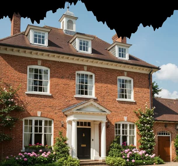 Red-brick house with white sash windows and a black front door