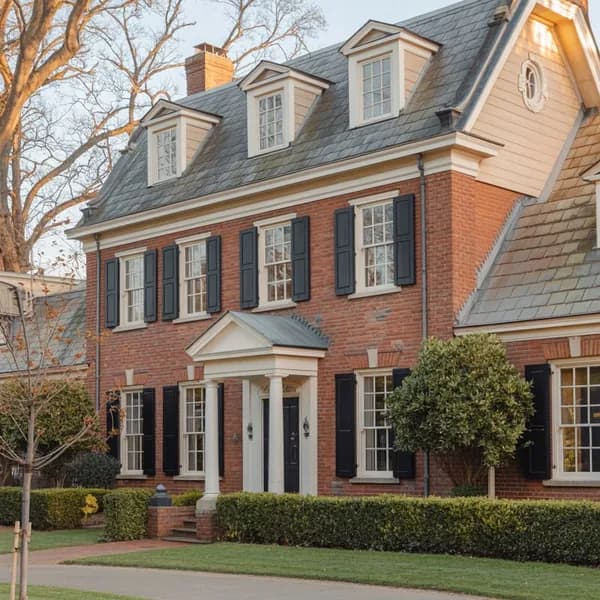 Red-brick Georgian house with a white portico and clipped hedges