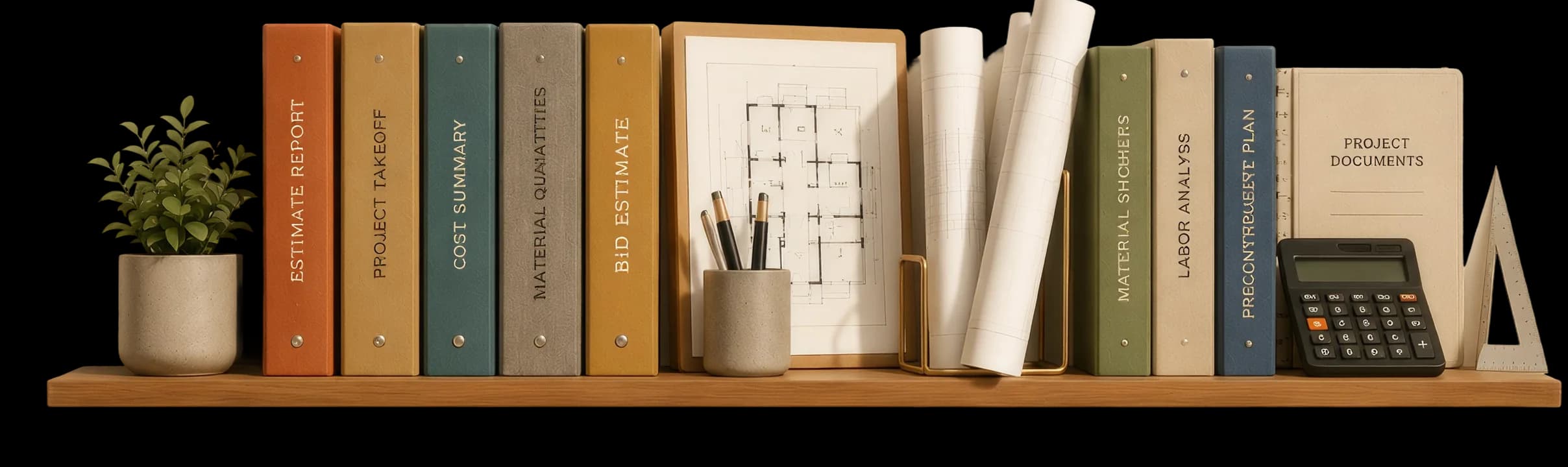 A shelf of labelled estimate binders, rolled drawings, a floor plan, pencils and a calculator